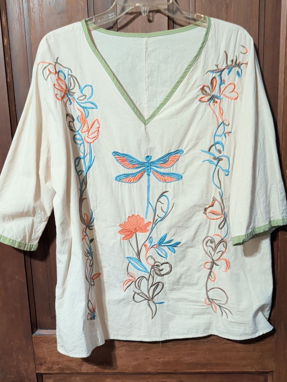 Cream Embroidered V-Neck Tunic with Coral & Blue Dragonfly
